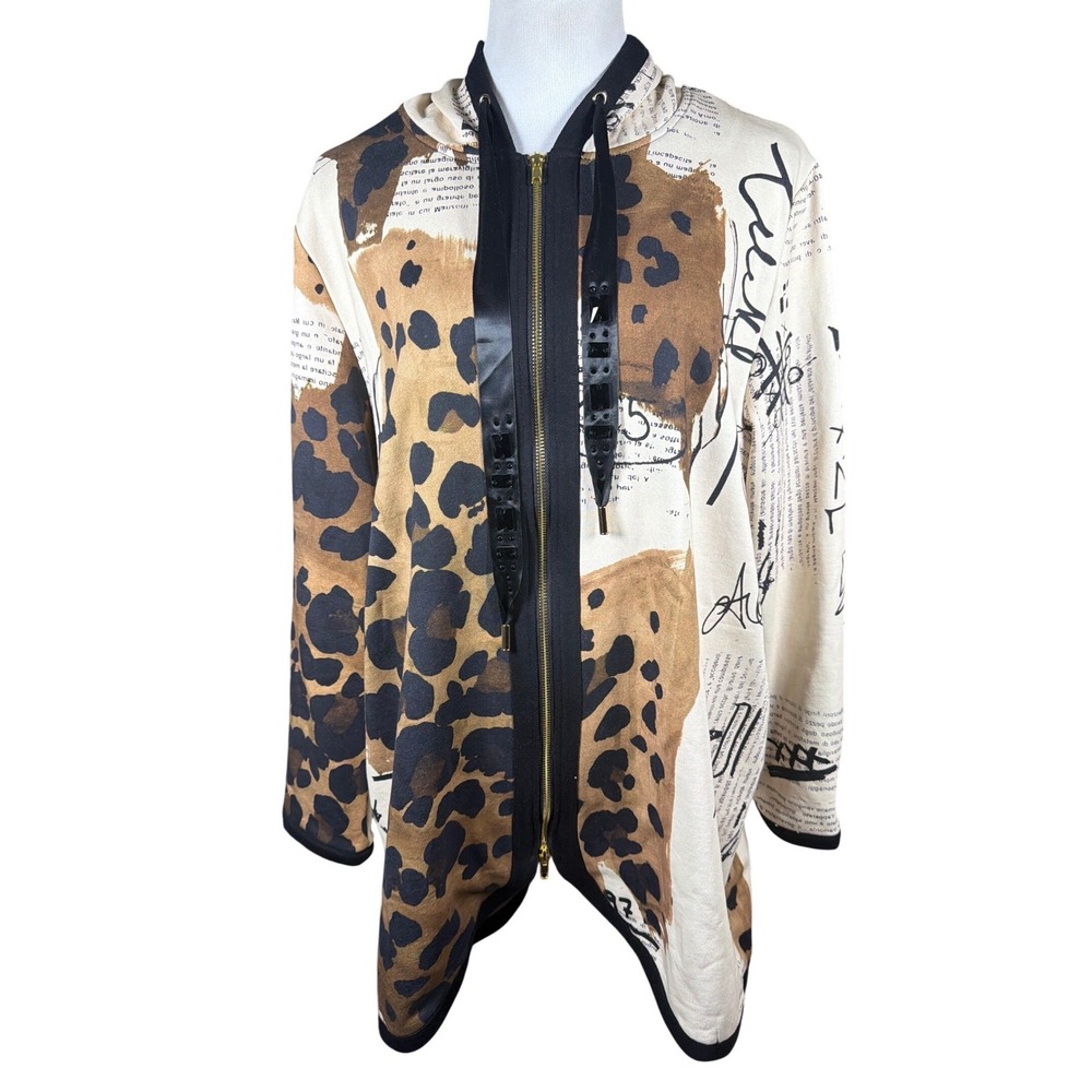 Berek Women XL Leopard Newsprint Full Zip Hoodie Jacket Tan Black Graffiti Art